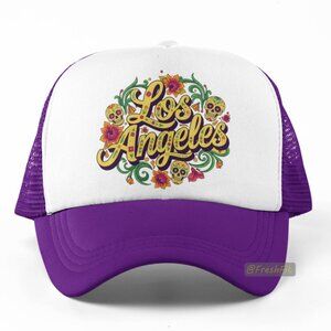 🆕Los Angeles Dia De Los Muertos Foam Trucker Hat Mesh Snapback Cap Purple/White
